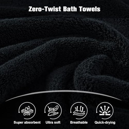 COZYART Luxury Bath Towels 4 PCS, 27x54 650 GSM Turkish Cotton, Black+White