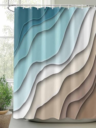 Shower Curtain Bathroom Set Teal Stripes Gradient Water Ripple Waterproof Shower Curtains with Grommets Hooks Brown Abstract Geometric Modern Art Privacy Bath Curtain for Bathtub Decor 72x72in