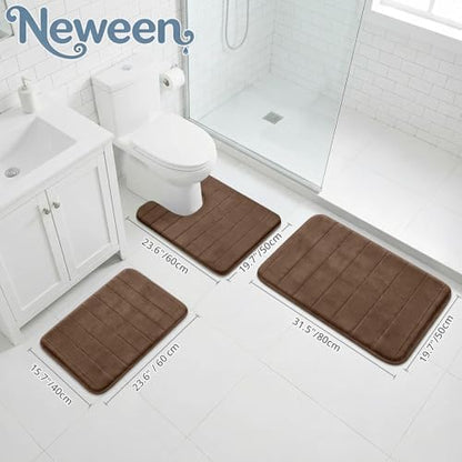 Neween Bathroom Rugs Set 3 Piece, Absorbent Memory Foam Bath Mat, Brown