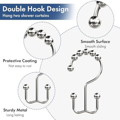 Bathway Shower Curtain Hooks Nickel Shower Curtain Rings, 12 Pcs Double Hook Shower Curtain Hooks Rings Shower Curtain Hangers Rust Proof, Metal Shower Hooks for Bathroom Shower Curtain Rod