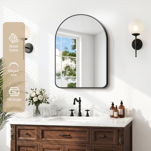 GLASHOM Arched Bathroom Vanity Mirror, 18"x24" Black Frame Wall Mirror