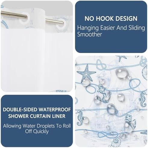 No Hook Nautical Shower Curtain with Snap in Liner 71x74 Inch