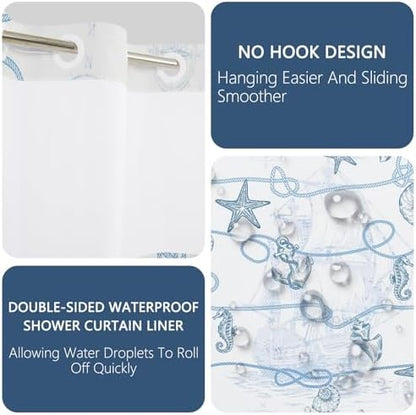 No Hook Nautical Shower Curtain with Snap in Liner 71x74 Inch