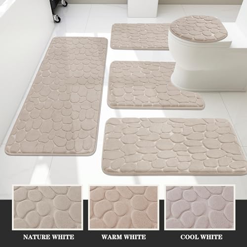 YIHOUSE Bathroom Rugs Mat Set, Memory Foam Bath Mat 5 Piece Khaki