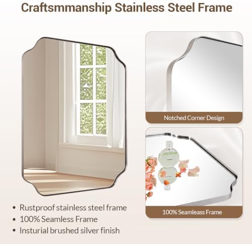 MIRRORART Brushed Nickel Bathroom Mirrors for Over Sink, 24x30‘’ Scalloped Silver Mirrors for Bathroom, Notched Corner Rectangle Mirror in 1’’ Stainless Steel Metal Frame Hang Vertical/Horizontal