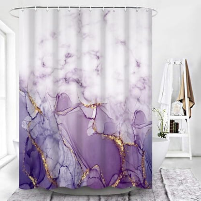 Marble Shower Curtain, Ombre Purple Gold Ink Shower Curtains for Bathroom, Modern Abstract Aesthetic Bathtub Decor Waterproof Fabric Watercolor Bath Curtain Set with Hooks 48x72 inch