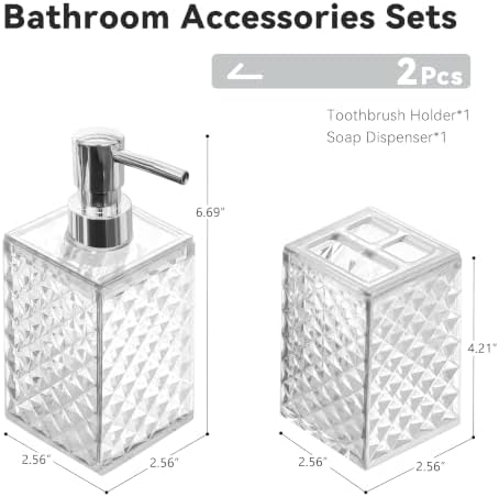 2 Piece Bathroom Accessory Set, Clear Soap Dispenser and Toothbrush Holder