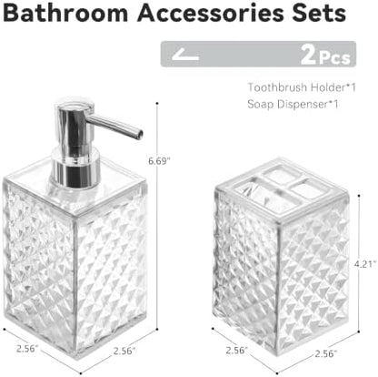2 Piece Bathroom Accessory Set, Clear Soap Dispenser and Toothbrush Holder