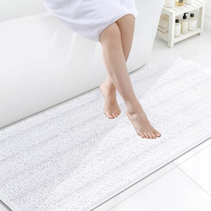Grandaily Chenille Striped Bathroom Rugs 59x24, Extra Thick and Soft Absorbent Bath Mats, Rubber Backing, Plush Shaggy Shower Carpet, Machine Wash Dry, Bath Rug for Bathroom, Solid White