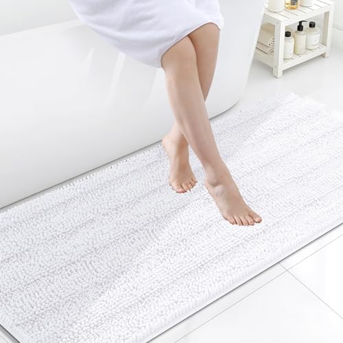 Grandaily Chenille Striped Bathroom Rugs 70x24, Extra Thick and Soft Absorbent Bath Mats, Rubber Backing, Plush Shaggy Shower Carpet, Machine Wash Dry, Bath Rug for Bathroom, Solid White