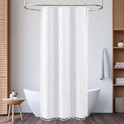 BTTN Small Boho Linen Heavy Duty Cloth Shower Curtain Set, 36x72, White