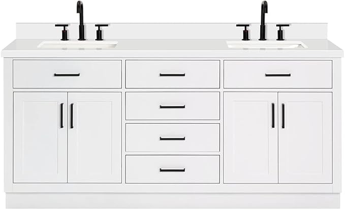 ARIEL Hepburn 72-inch Bathroom Vanity with Sink,Solid Wood, 1.5-inch Pure White Quartz Countertop & Backsplash, Double Rectangular Porcelain Sink, 4 Soft Closing Doors, 6 Dovetail Drawers, White