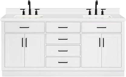 ARIEL Hepburn 72-inch Bathroom Vanity with Sink,Solid Wood, 1.5-inch Pure White Quartz Countertop & Backsplash, Double Rectangular Porcelain Sink, 4 Soft Closing Doors, 6 Dovetail Drawers, White