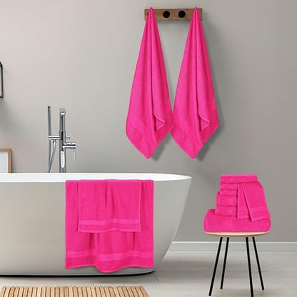 GLAMBURG Ultra Soft 24-Piece Towel Set - 100% Pure Ringspun Cotton, Contains 8 Oversized Bath Towels 27x54, 8 Hand Towels 16x28, 8 Wash Cloths 13x13 - Ideal for Everyday use, Hotel & Spa - Hot Pink