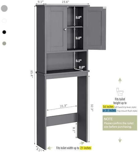 Over the Toilet Storage Cabinet, Bathroom Storage Over Toilet with Two Doors and Adjustable Shelf, Space Saver with Open Shelf, Gray
