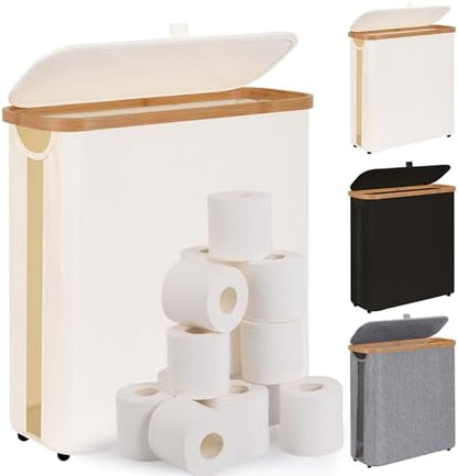 Toilet Paper Storage Basket with Lid - The Ultimate Bathroom Organizer, Free Standing Toilet Paper Holder for Up to 12 Mega Rolls, Toilet Tissue Storage Bin with Handle for RV Closet, Beige