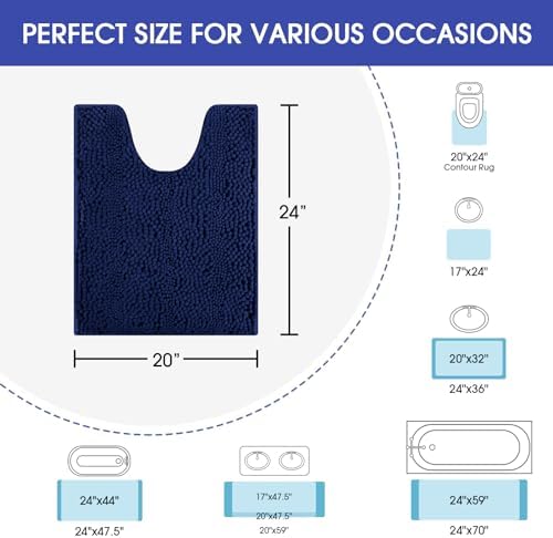 ACCUMTEK Striped Navy Blue Toilet Bathroom Rug Mat 24" x 20" Contour Rug Ultra Soft, Non Slip Chenille Bath Rugs, Absorbent Plush Shaggy Bath Mats for Bathroom, Bedroom, Kitchen, Shower, Tub