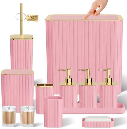Bathroom Accessory Set - Bathroom Set, 12PC Bathroom Accessories Set, Pink Bathroom Accessories Set, Mini Trash Can, Toilet Brush, Trash Can & Soap Dispenser