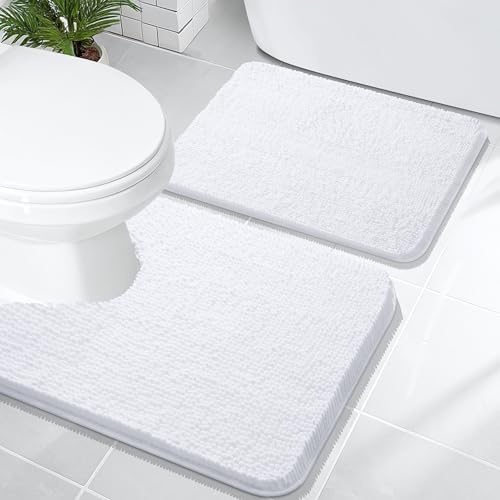 OLANLY Chenille Bathroom Rugs Mats Sets 2 Piece, 24"x16"+24"x20", White
