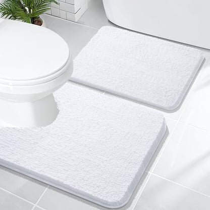 OLANLY Chenille Bathroom Rugs Mats Sets 2 Piece, 24"x16"+24"x20", White