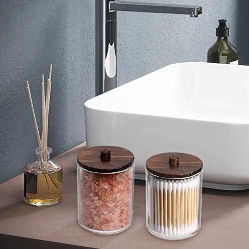 Tbestmax 3 Pack Qtips Holder Bathroom Container, 10 oz Cotton Ball/Swabs Dispenser, Apothecary Jar Organizer for Storage Brown Wood Lids