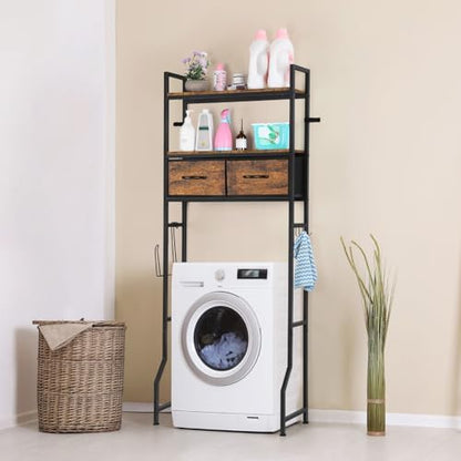 YBING Over The Toilet Bathroom Storage Cabinet for Freestanding, Above Toilet Shelf with Fabric Drawer, Tall Bathroom Shelf Organizer with Toilet Paper Holder, Brown