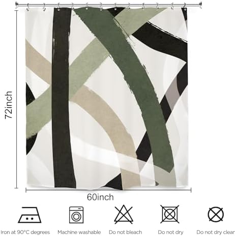 Abstract Sage Green Black Shower Curtain 60Wx72L Inch Line Minimalist Contemporary Modern Simple Art Bathroom Set Accessories Decor with 12 Pack Hooks
