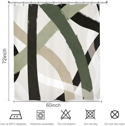 Abstract Sage Green Black Shower Curtain 60Wx72L Inch Line Minimalist Contemporary Modern Simple Art Bathroom Set Accessories Decor with 12 Pack Hooks