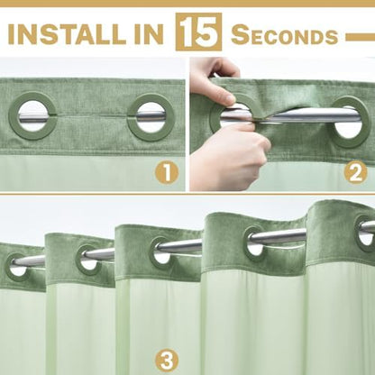 WONICY Small No Hook Shower Curtain with Liner, Sage Green, 54 x 80