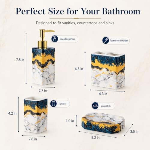4 Piece Bathroom Accessories Set - Blue Bathroom Accessory Sets Includes Lotion Dispenser, Toothbrush Holder Tumbler, and Soap Dish - Glossy Finish (Marble, Blue)