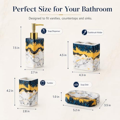 4 Piece Bathroom Accessories Set - Blue Bathroom Accessory Sets Includes Lotion Dispenser, Toothbrush Holder Tumbler, and Soap Dish - Glossy Finish (Marble, Blue)