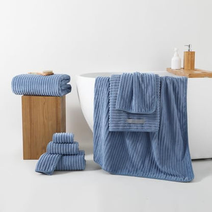 REDKISS Blue Bath Towels Set 8 Piece - Microfiber Bathroom Towels of 8 Large, Highly Absorbent Bath Towel, Soft Shower Towel for Bathroom, Hotel 2 Bath Sheet 2 Hand 2 Washcloths 2 Hair Towel Wrap