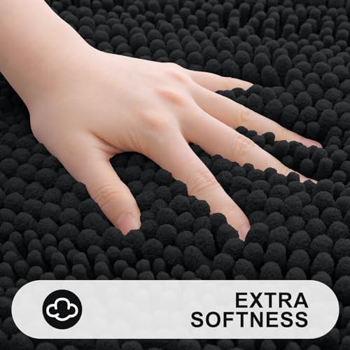 Grandaily Chenille Striped Bathroom Rugs 30x20, Extra Thick and Absorbent Bath Mats, Non-Slip Soft Plush Shaggy Shower Carpet, Machine Wash Dry, Bath Rug for Bathroom, (Medium, Black)