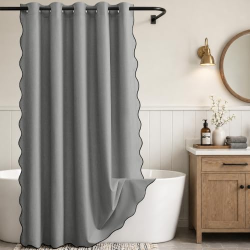 Furlinic Grey No Hook Shower Curtain Scalloped Waterproof Heavy Duty 72x75