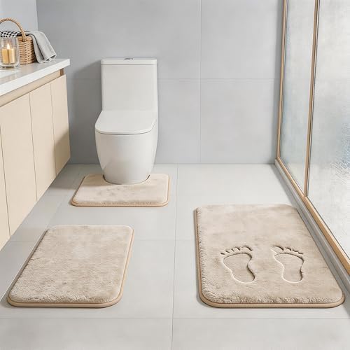 Beige Bath Mat Sets Extra Soft Memory Foam Bathroom Rugs 3 Piece Non Slip Absorbent & Dry Living Mat Sets Washable Bath Carpets with Toilet Rug,Bath Rugs for Bathroom,Tub,Shower,Kitchen,Bedroom