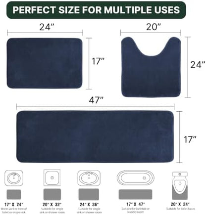 H.VERSAILTEX Bath Mat Memory Foam Set Bathroom Rug Set Flannel Velvety Extra Soft and Absorbent Non Slip Rugs for Bathroom/Bedroom Washable(47"x 17" + 17"x 24" + 20"x 24"U-Shaped, Navy)