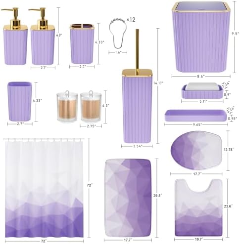 XLHOMO Bathroom Accessory Set - 26PC Bathroom Shower Curtain and Rug Set, Bathroom Accessories Set, Purple Bathroom Set with Trash Can, Toilet Brush, Qtip Holder & Soap Dispenser