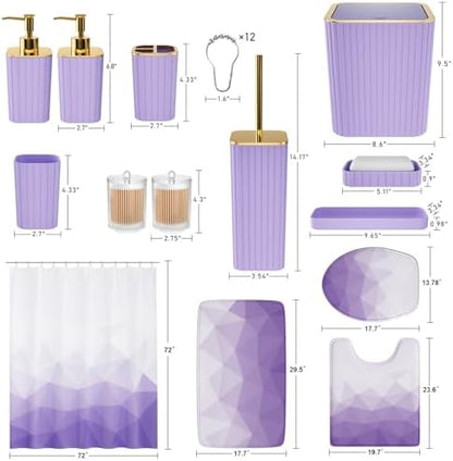 XLHOMO Bathroom Accessory Set - 26PC Bathroom Shower Curtain and Rug Set, Bathroom Accessories Set, Purple Bathroom Set with Trash Can, Toilet Brush, Qtip Holder & Soap Dispenser