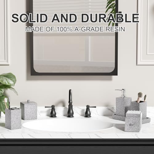Gray Bathroom Accessories Set Resin 6PCS, Square Toothbrush Holders Set Complete with Soap Dispenser, Vanity Tray, Tumbler, Cups and Cotton Swab Jars for Counter, Sink or Small Spaces