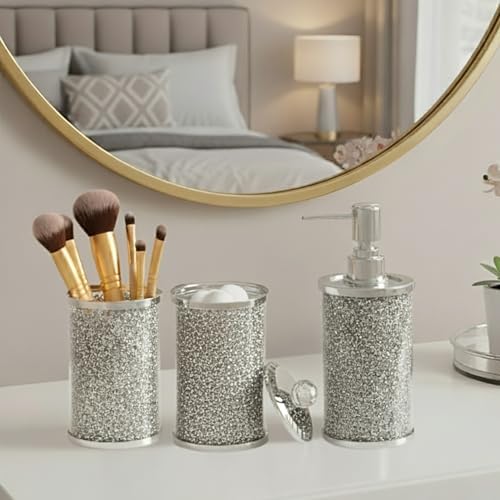 Escenzy Crushed Diamond Bathroom Accessories Set 3 Pcs | Silver Crystal Glass Soap Dispenser, Toothbrush Holder, Tumbler | Luxury Glam Bathroom Decor | Modern Vanity Organizer Gift