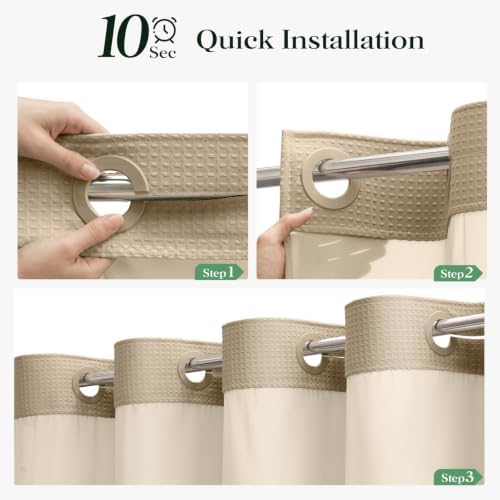 Dynamene Beige Hook Free Waffle Shower Curtain & Snap-in Fabric Liner,72x87