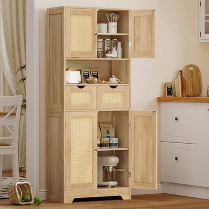 TEENFON 57.8" H Tall Storage Cabinet with 2 Drawers & 2 Adjustable Shelves, Rattan Cabinets with 4 Doors, Cupboard, Kitchen Cabinets, Pantry Cabinet, Tall Cabinet for Living Room, Entryway, Natural
