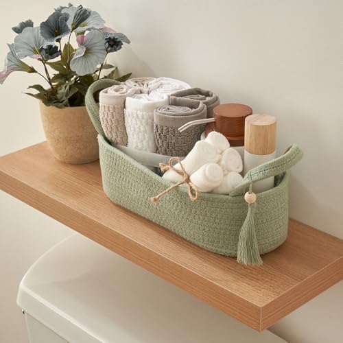 Decorative Toilet Paper Basket – Beautiful Bathroom Organizer for Toilet Tank Storage Decor – Boho Cotton Rope Bin with Tassel for Bathroom Accessories and as Shelf Decor (sage Green)