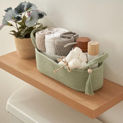 Decorative Toilet Paper Basket – Beautiful Bathroom Organizer for Toilet Tank Storage Decor – Boho Cotton Rope Bin with Tassel for Bathroom Accessories and as Shelf Decor (sage Green)