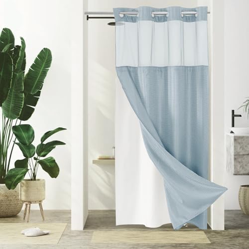 Gibelle No Hook Cloth Fog Blue Shower Curtain with Liner, 36x74