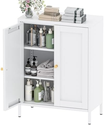 YAUWOH Metal Bathroom Storage Cabinet,Bathroom Floor Storage Cabinet with 2 Adjustable Shelves and 2 Doors,Freestanding Sideboard for Small Spaces, Living Room, Home Office, Dining Room,White