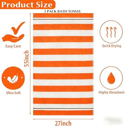 2 Pack Microfiber Bath Towels 27x55 Inches, Soft Orange Plaid Quick Dry Absorbent Oversized Shower Towel, Lightweight Portable Beach Pool Gym Camping Travel Towels for Adults