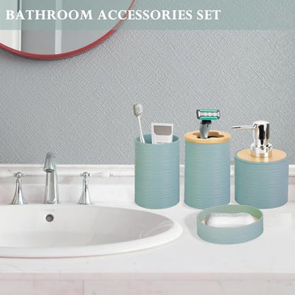 RRM 4 Piece Bamboo Bathroom Accessories Set, Boho Bathroom Decor, Aqua
