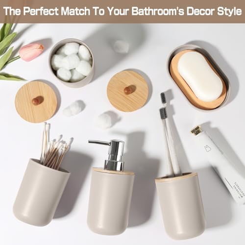 Bathroom Accessories Set 5 Pcs, Plastic Beige Bathroom Decor, Soap Dispenser and Toothbrush Holder Set, Soap Dish, Cotton Swab Jar, Bathroom Set, Boho Bathroom Organizer Accessory