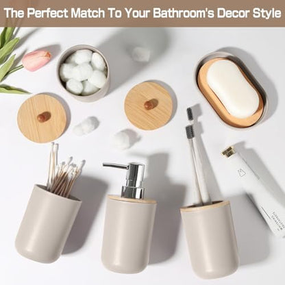 Bathroom Accessories Set 5 Pcs, Plastic Beige Bathroom Decor, Soap Dispenser and Toothbrush Holder Set, Soap Dish, Cotton Swab Jar, Bathroom Set, Boho Bathroom Organizer Accessory